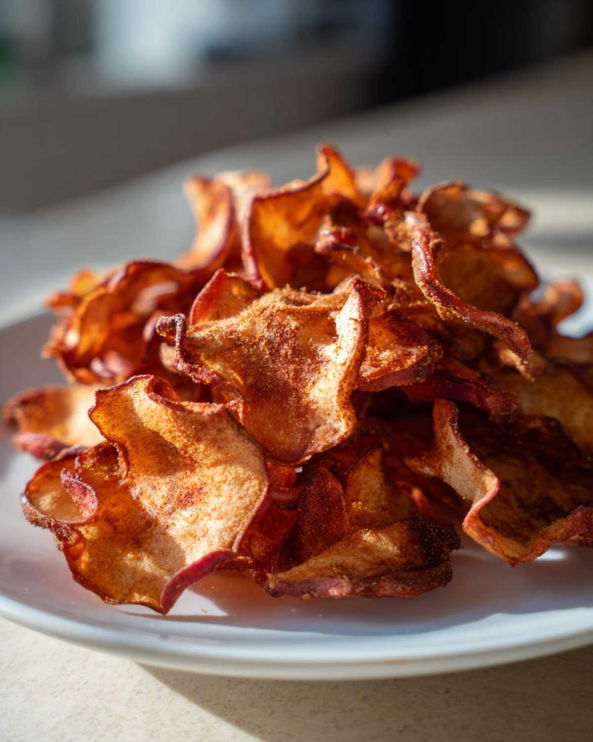 A close-up pile of crispy, reddish-brown Air Fryer Cinnamon Sugar Apple Chips dusted with spice on a white plate.