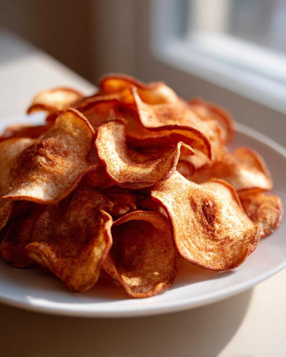 A pile of crispy, curled Air Fryer Cinnamon Sugar Apple Chips dusted with spice on a white plate.