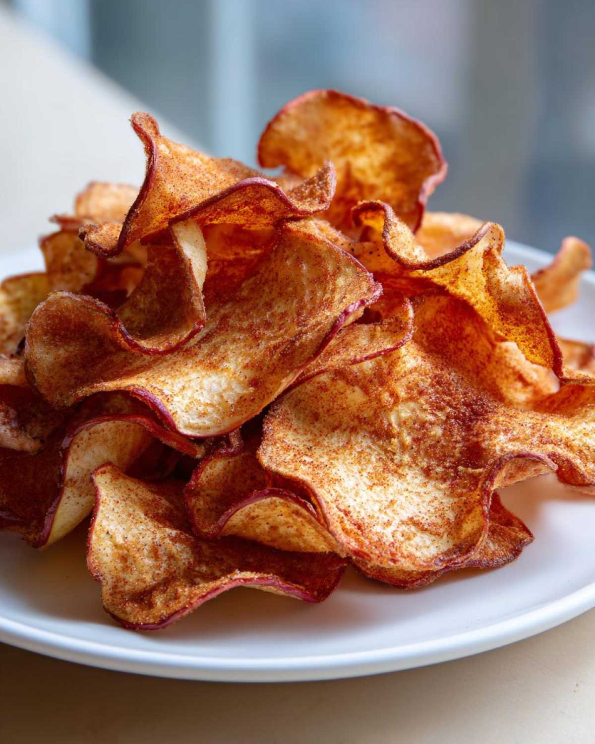 Close-up of a pile of crispy Air Fryer Cinnamon Sugar Apple Chips dusted with spice on a white plate.