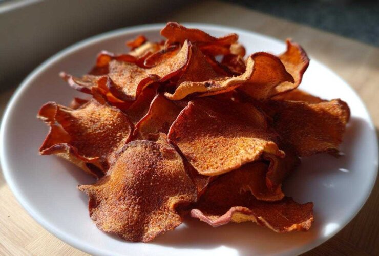 A pile of crispy, reddish-brown Air Fryer Cinnamon Sugar Apple Chips dusted with sugar on a white plate.
