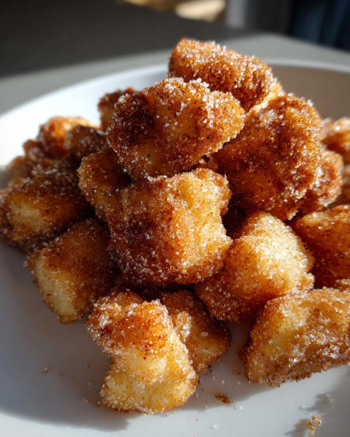 A pile of golden Air Fryer Cinnamon Sugar Churro Bites heavily coated in sparkling cinnamon sugar mixture.