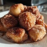 Close-up of golden Air Fryer Cinnamon Sugar Churro Bites heavily coated in sparkling cinnamon sugar.