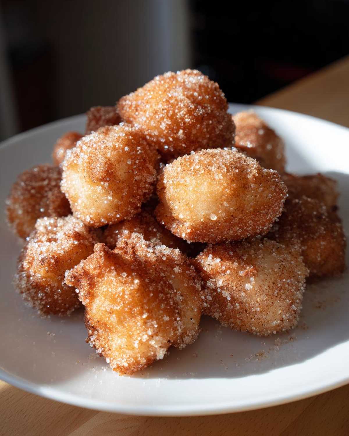 A pile of golden brown Air Fryer Cinnamon Sugar Churro Bites coated heavily in sparkling sugar.