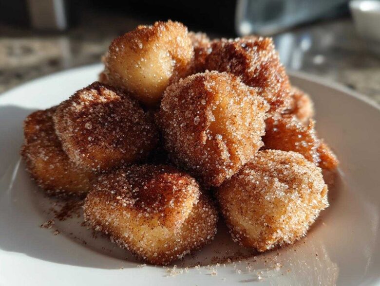Close-up of golden Air Fryer Cinnamon Sugar Churro Bites heavily coated in sparkling cinnamon sugar.