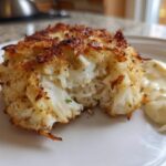 Close-up of a flaky Air Fryer Crispy Crab Cake showing large chunks of white crab meat next to a dollop of lemon aioli.