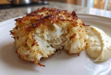Close-up of a flaky Air Fryer Crispy Crab Cake showing large chunks of white crab meat next to a dollop of lemon aioli.