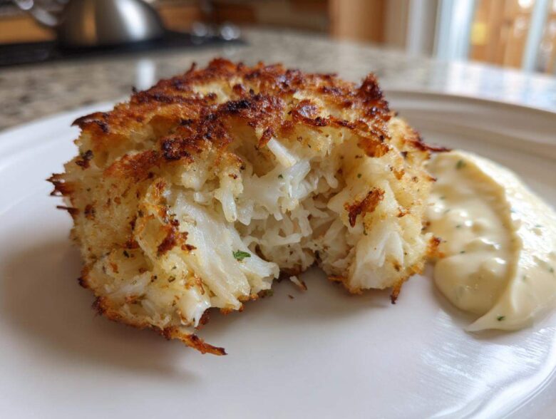 Close-up of a flaky Air Fryer Crispy Crab Cake showing large chunks of white crab meat next to a dollop of lemon aioli.
