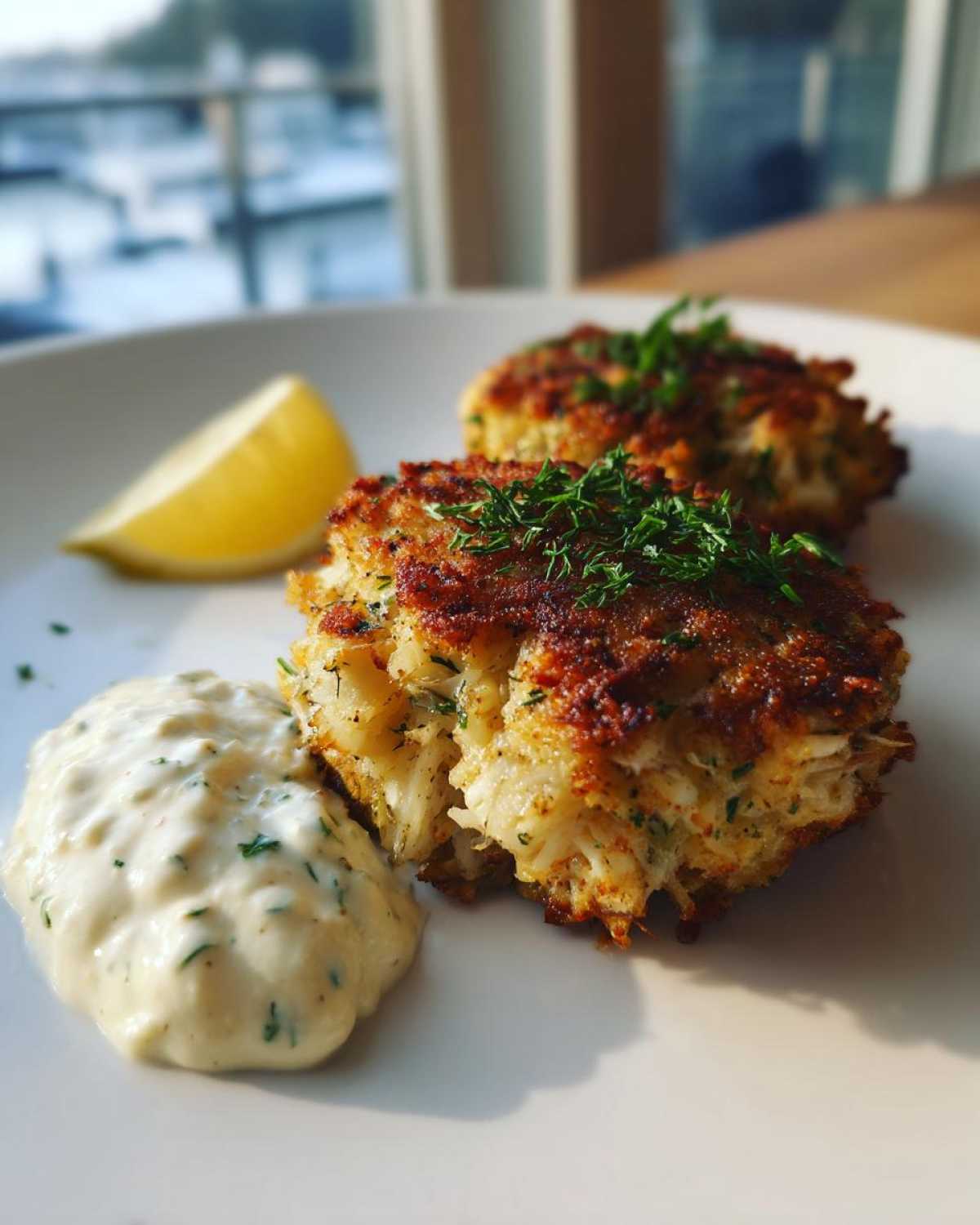 Two golden brown Air Fryer Crispy Crab Cakes served with a dollop of creamy lemon aioli and a lemon wedge.