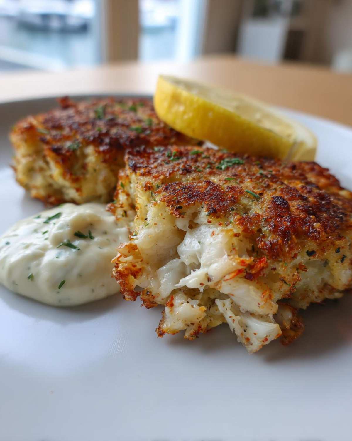 Close-up of Air Fryer Crispy Crab Cakes showing flaky interior, served with lemon aioli and a lemon wedge.