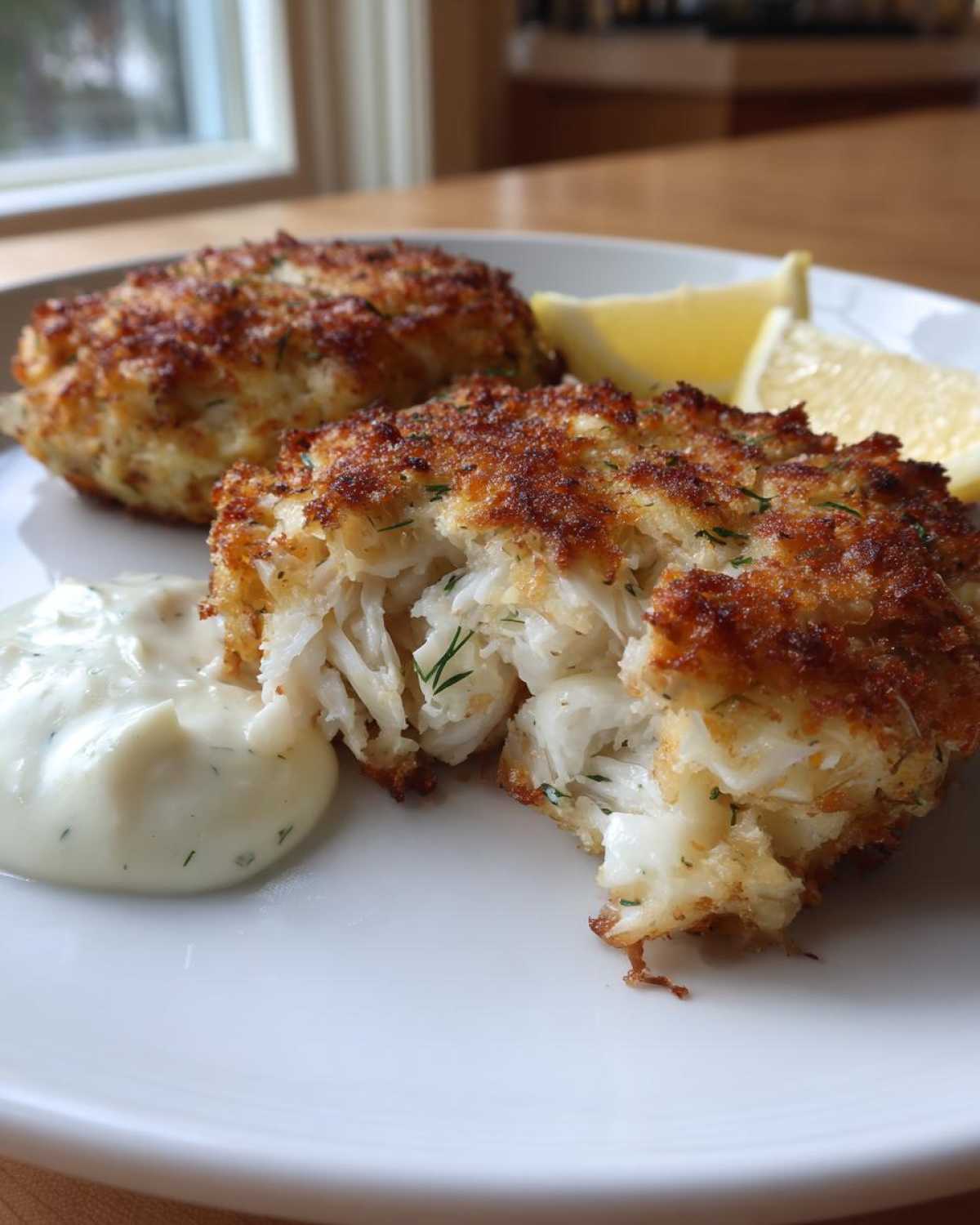 Close-up of Air Fryer Crispy Crab Cakes, one cut open showing flaky crab meat, served with lemon aioli.