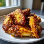 A pile of golden brown, crispy Air Fryer Crispy Garlic Parmesan Chicken Wings served on a white plate.