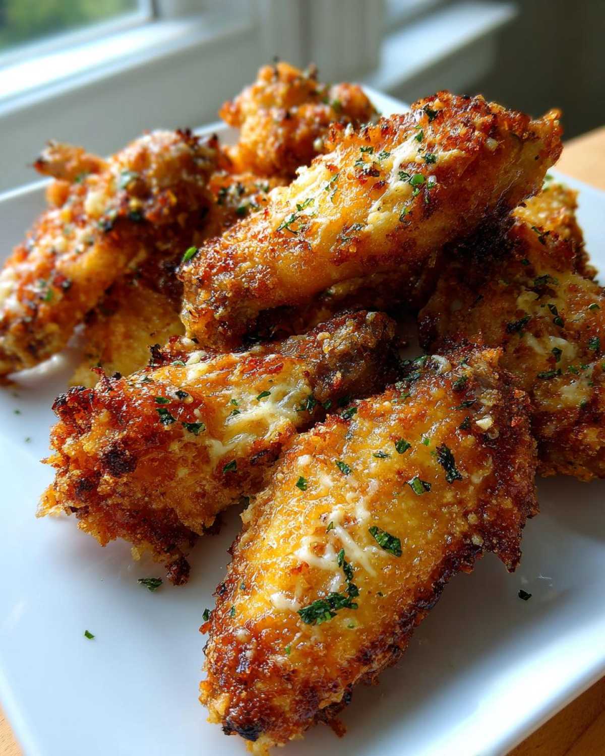 A pile of golden brown, crispy Air Fryer Crispy Garlic Parmesan Chicken Wings topped with melted cheese and parsley.