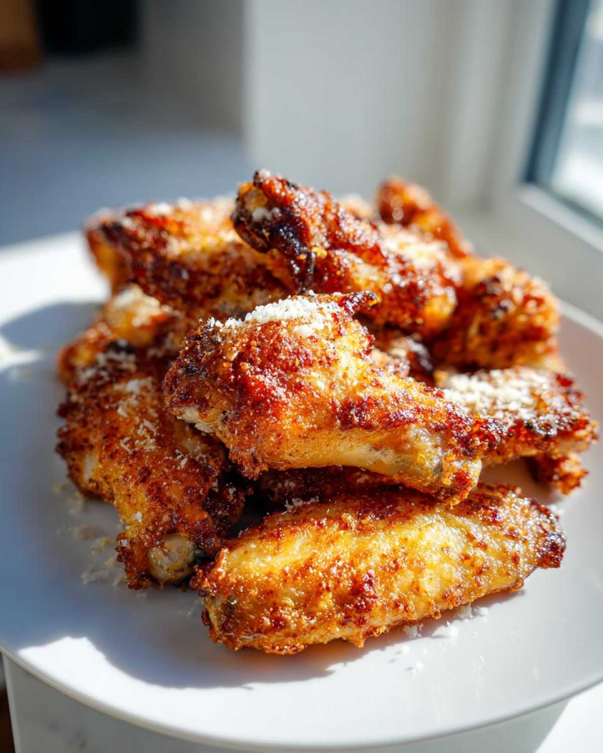 A pile of golden brown, crispy Air Fryer Crispy Garlic Parmesan Chicken Wings sprinkled with grated cheese.