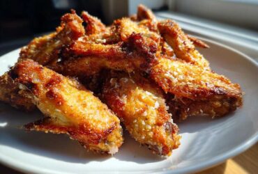 A pile of golden brown, crispy Air Fryer Crispy Garlic Parmesan Chicken Wings dusted with grated cheese.