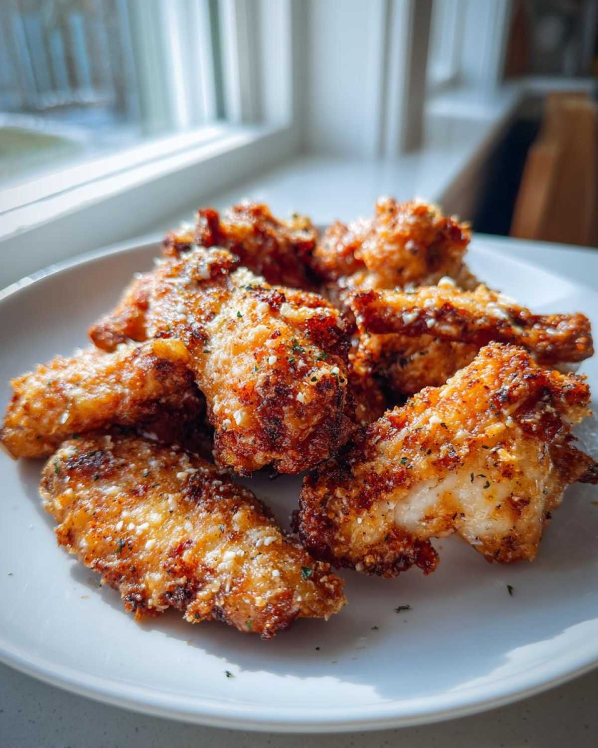 A plate piled high with golden brown, crispy Air Fryer Crispy Garlic Parmesan Chicken Wings, dusted with cheese and herbs.