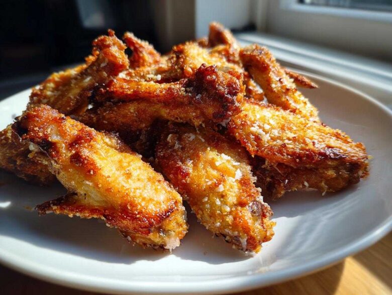 A pile of golden brown, crispy Air Fryer Crispy Garlic Parmesan Chicken Wings dusted with grated cheese.