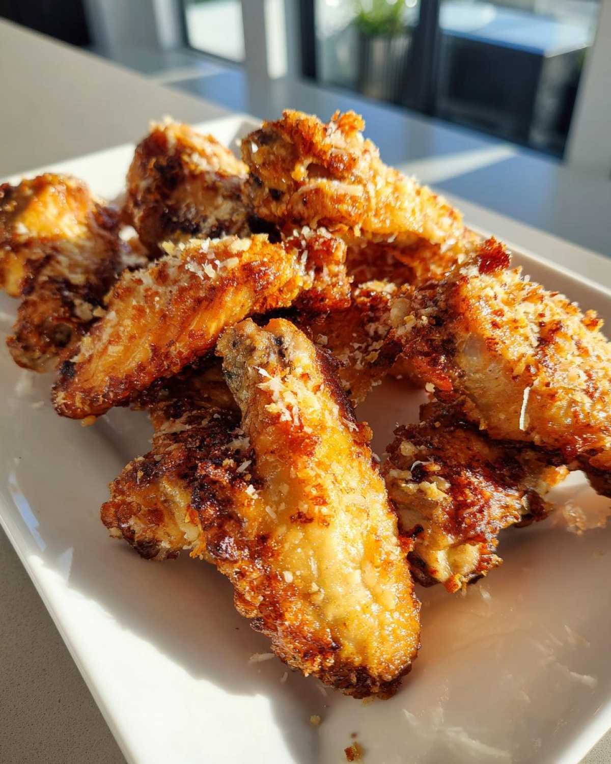 A pile of golden brown, crispy Air Fryer Crispy Garlic Parmesan Chicken Wings sprinkled with grated cheese on a white plate.