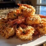 A mound of perfectly cooked Air Fryer Crispy Garlic Parmesan Shrimp piled high on a white plate.