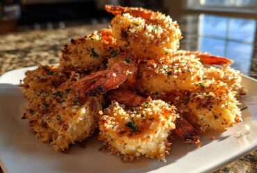 A mound of perfectly cooked Air Fryer Crispy Garlic Parmesan Shrimp piled high on a white plate.