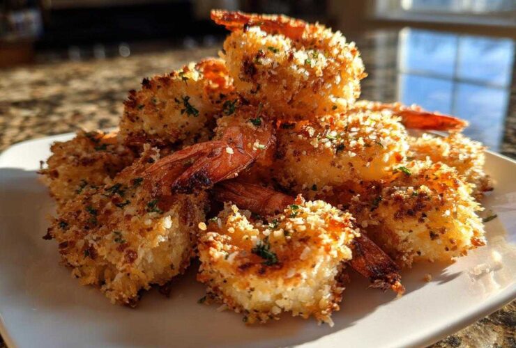 A mound of perfectly cooked Air Fryer Crispy Garlic Parmesan Shrimp piled high on a white plate.