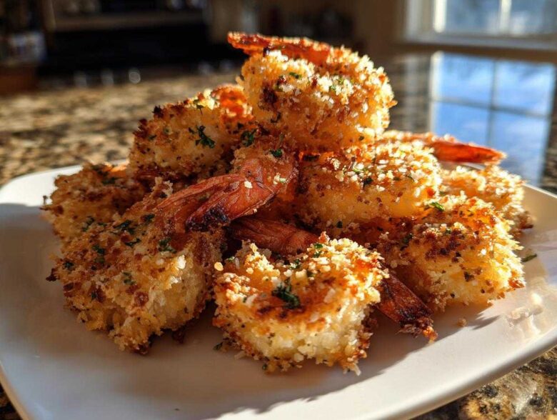 A mound of perfectly cooked Air Fryer Crispy Garlic Parmesan Shrimp piled high on a white plate.