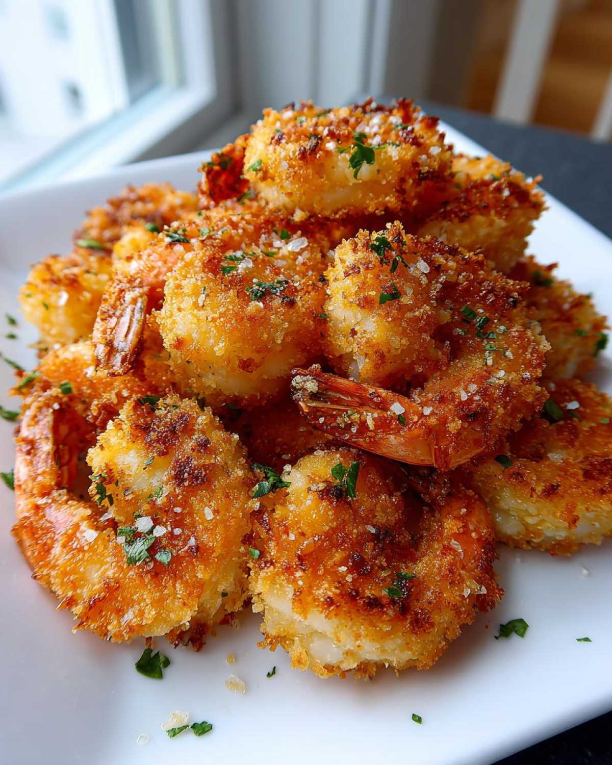 A mound of golden brown Air Fryer Crispy Garlic Parmesan Shrimp sprinkled with parsley and sea salt.