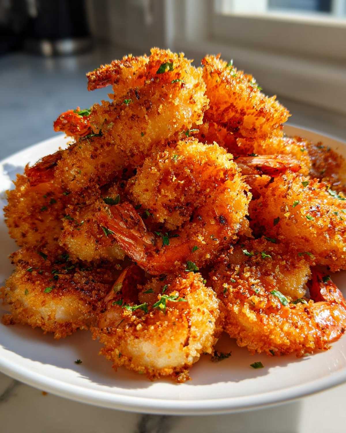 A pile of golden brown, crispy Air Fryer Crispy Garlic Parmesan Shrimp garnished with parsley on a white plate.