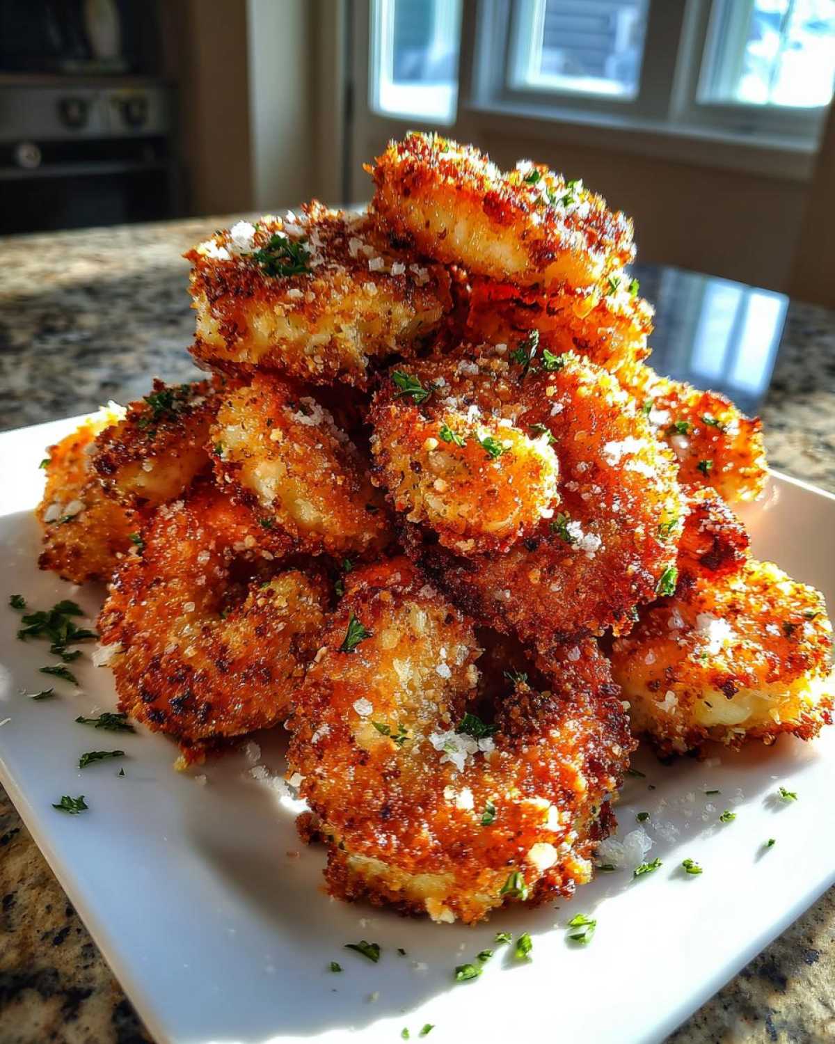 A tall stack of golden brown Air Fryer Crispy Garlic Parmesan Shrimp sprinkled with Parmesan and parsley.