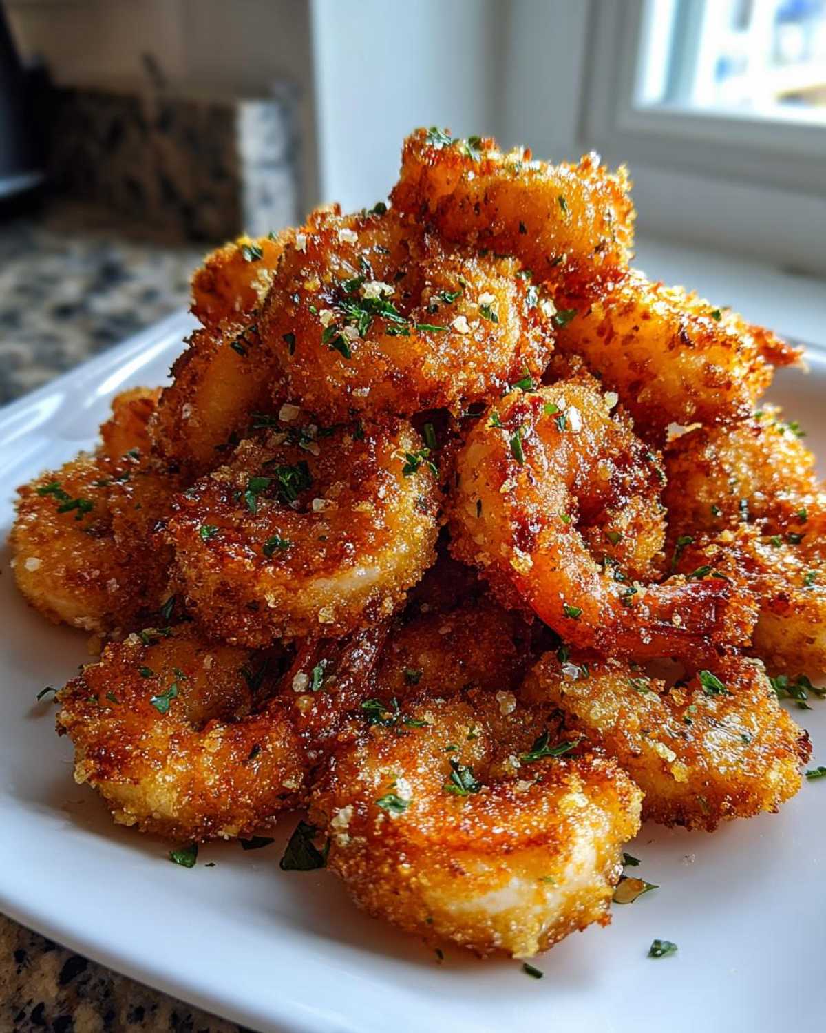 A mound of golden brown Air Fryer Crispy Garlic Parmesan Shrimp garnished with parsley on a white plate.