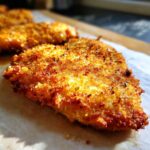 Close-up of a golden brown, crispy Air Fryer Crispy Parmesan Chicken Cutlet resting on parchment paper.