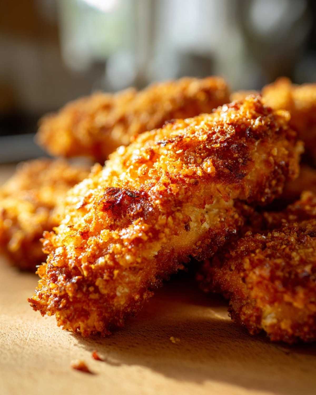 Close-up of golden brown, crispy Air Fryer Crispy Parmesan Chicken Cutlets resting on a wooden surface.