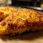 Close-up of a golden brown, crispy Air Fryer Crispy Parmesan Chicken Cutlet showing seasoned breading.