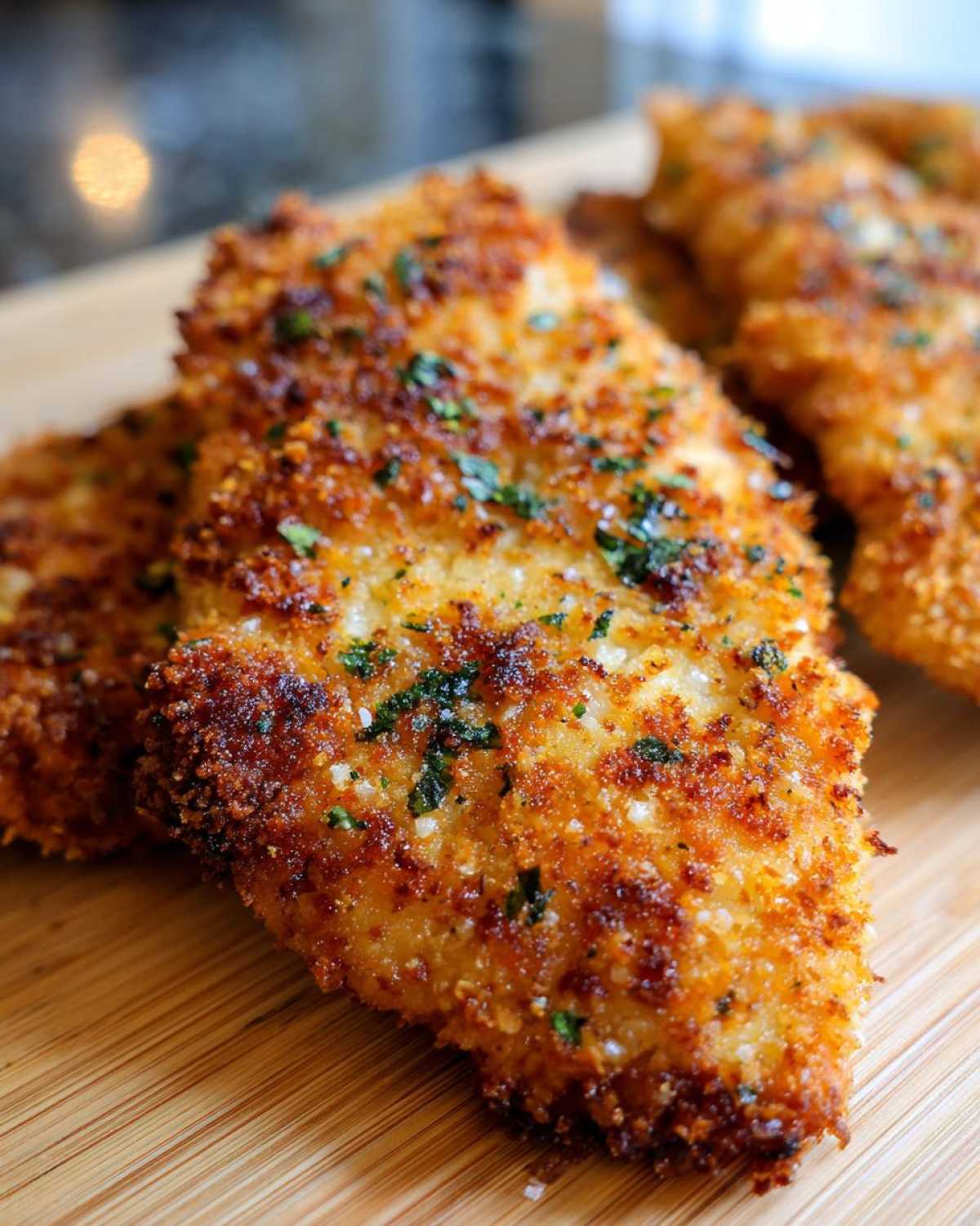 Close-up of golden brown Air Fryer Crispy Parmesan Chicken Cutlets sprinkled with parsley on a wooden board.