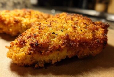 Close-up of a golden brown, crispy Air Fryer Crispy Parmesan Chicken Cutlet showing seasoned breading.