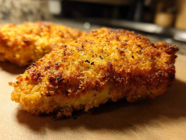 Close-up of a golden brown, crispy Air Fryer Crispy Parmesan Chicken Cutlet showing seasoned breading.