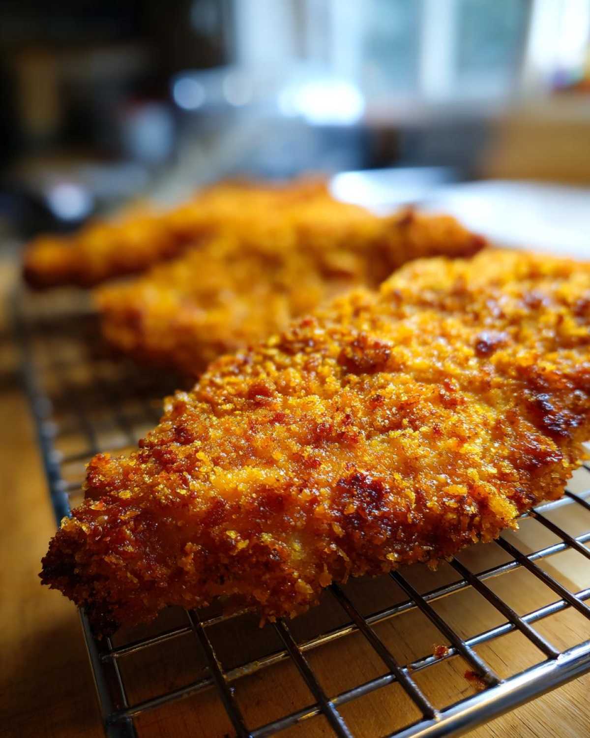 Close-up of golden brown Air Fryer Crispy Parmesan Chicken Cutlets resting on a wire cooling rack.