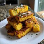 A stack of golden brown Air Fryer Crispy Polenta Fries topped with grated Parmesan cheese and parsley.