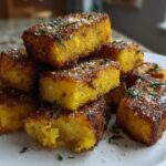 A stack of golden brown, crispy Air Fryer Crispy Polenta Fries seasoned with herbs and Parmesan cheese.