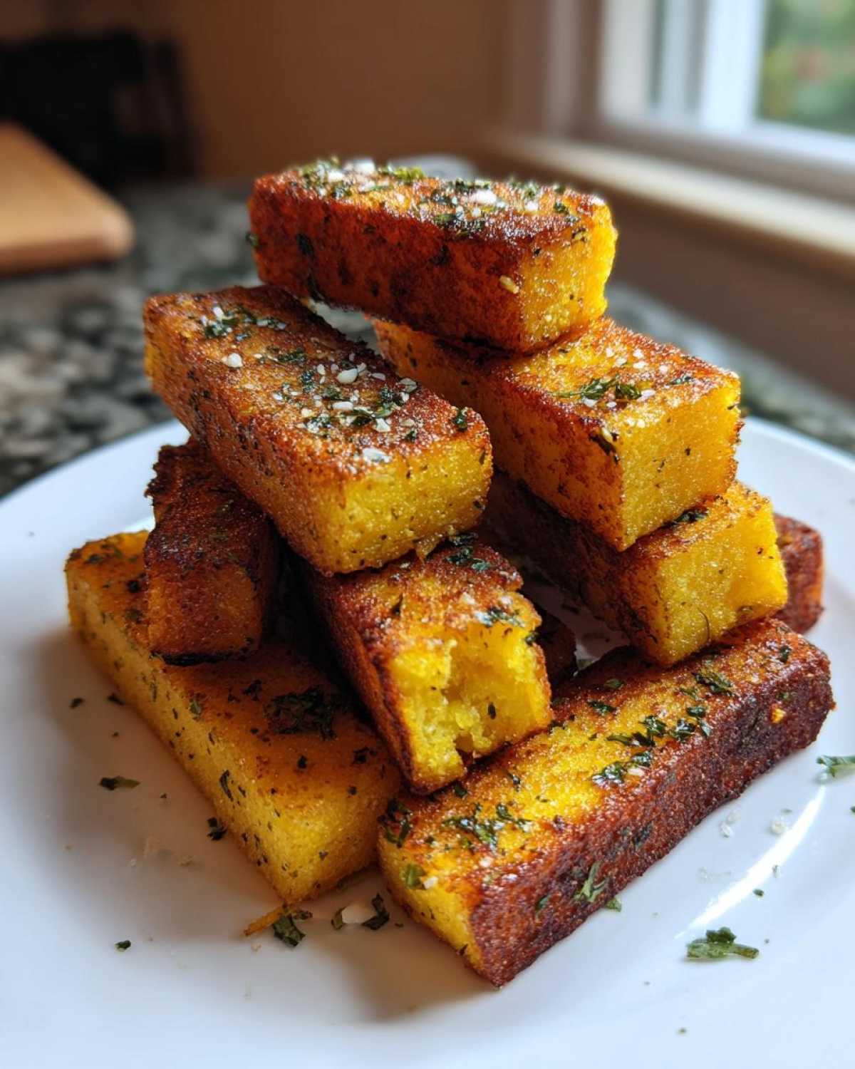 A stack of golden brown Air Fryer Crispy Polenta Fries seasoned with herbs and salt on a white plate.