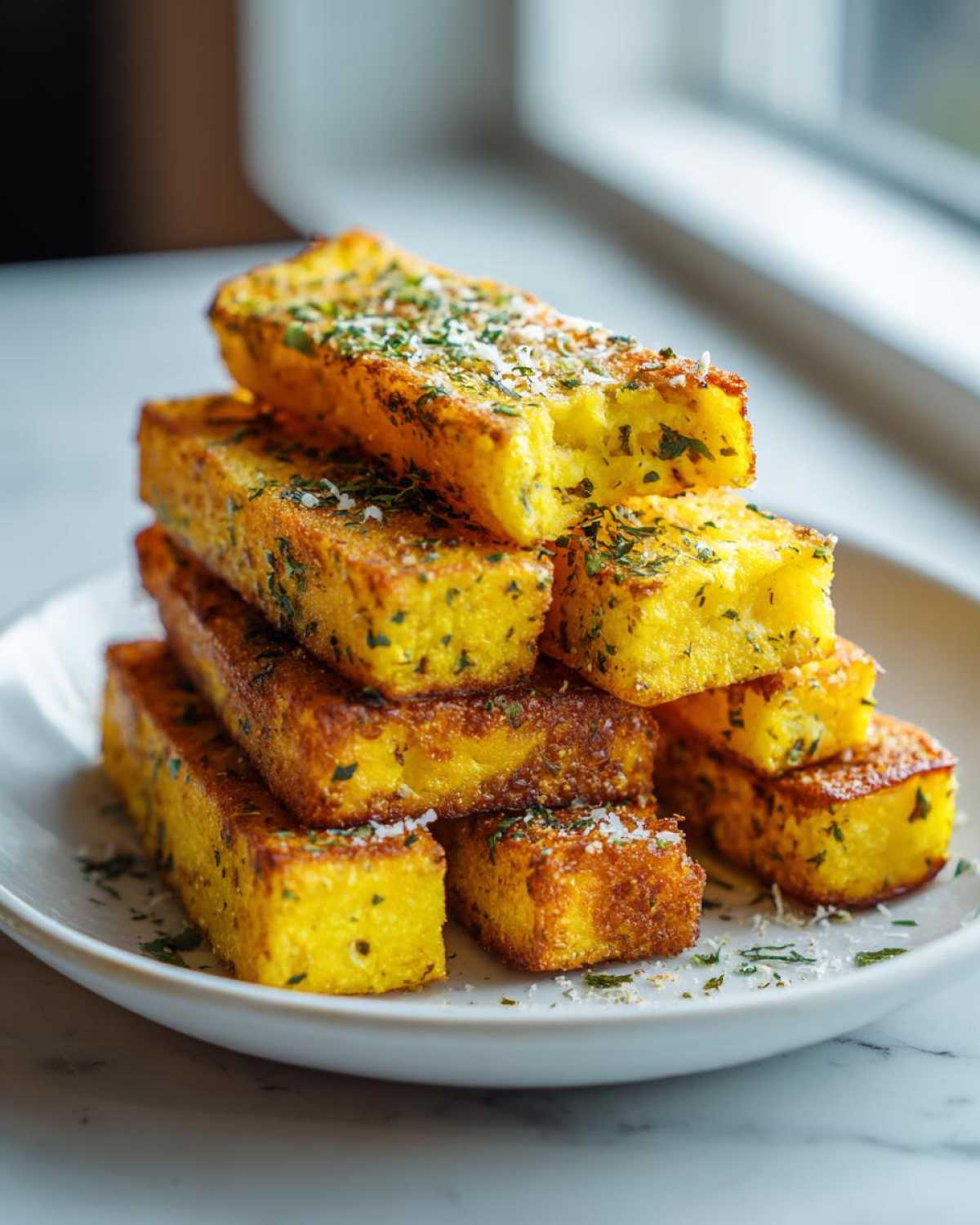 A stack of golden brown Air Fryer Crispy Polenta Fries sprinkled with Parmesan and herbs on a white plate.