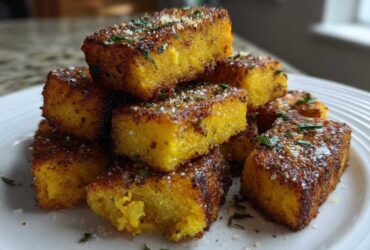 A stack of golden brown, crispy Air Fryer Crispy Polenta Fries seasoned with herbs and Parmesan cheese.