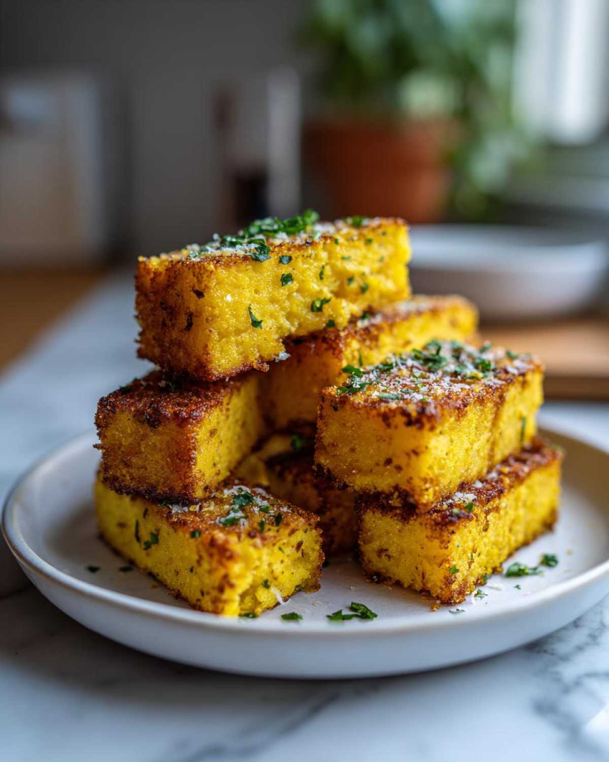 A stack of golden Air Fryer Crispy Polenta Fries sprinkled with Parmesan cheese and fresh parsley.