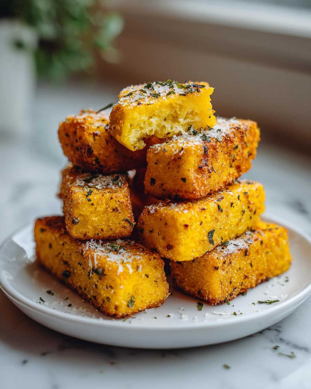A stack of golden Air Fryer Crispy Polenta Fries seasoned with herbs and parmesan cheese on a white plate.