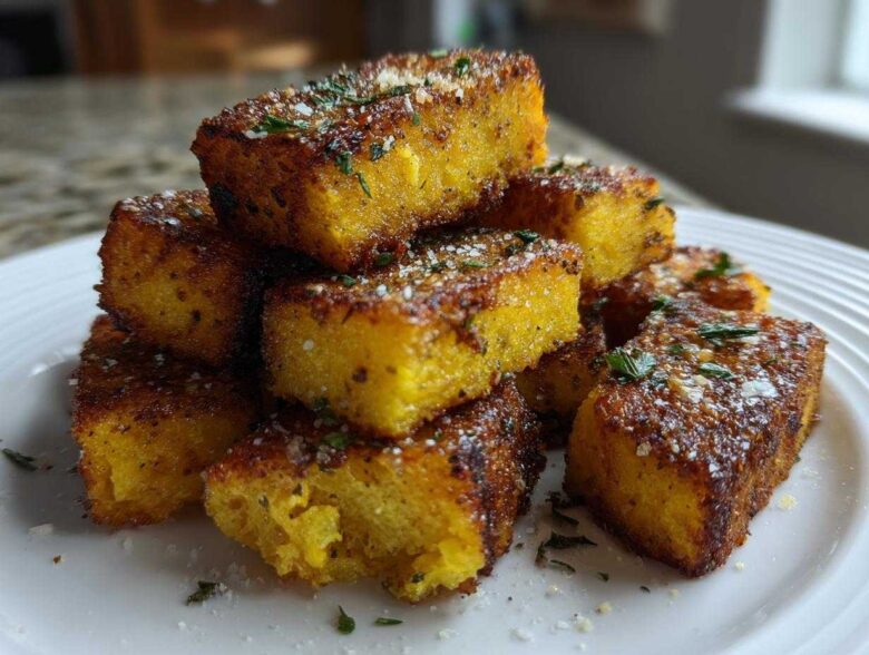 A stack of golden brown, crispy Air Fryer Crispy Polenta Fries seasoned with herbs and Parmesan cheese.