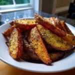 A close-up of golden brown Air Fryer Crispy Rosemary Potato Wedges seasoned with herbs in a white bowl.