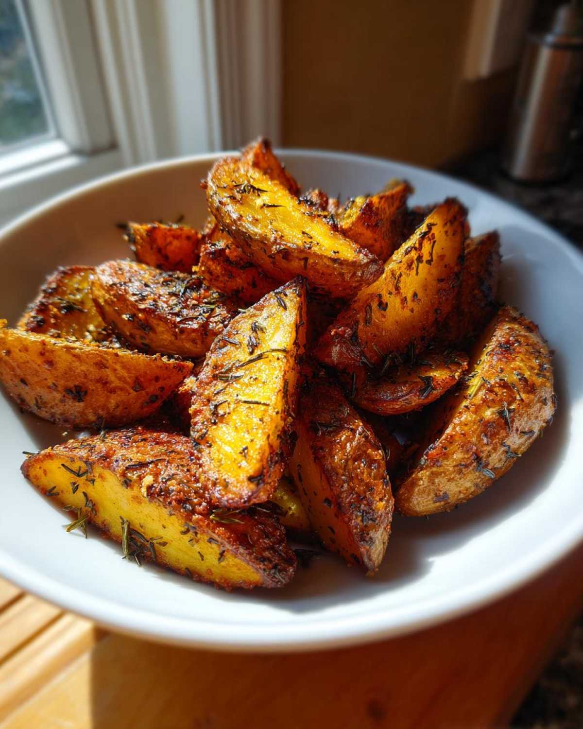 A white bowl filled with golden brown Air Fryer Crispy Rosemary Potato Wedges seasoned with dark herbs.