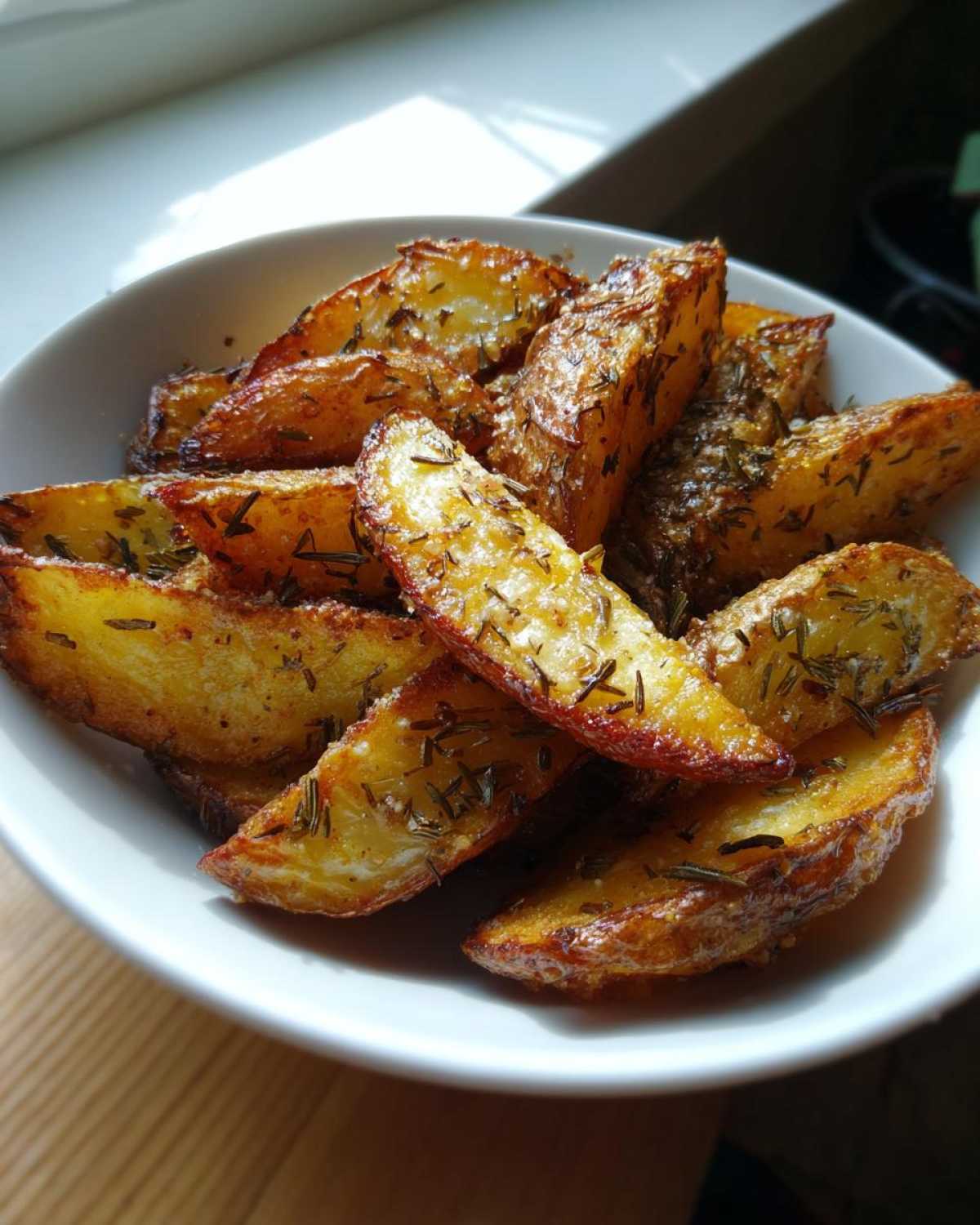 A white bowl filled with golden brown Air Fryer Crispy Rosemary Potato Wedges seasoned with herbs.