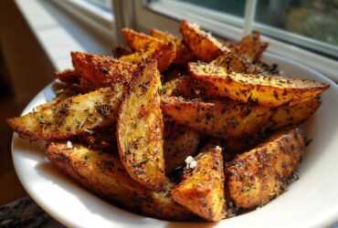A bowl overflowing with golden brown Air Fryer Crispy Rosemary Potato Wedges seasoned with herbs.