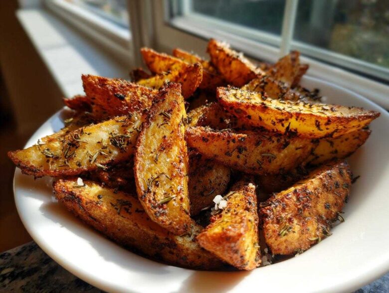 A bowl overflowing with golden brown Air Fryer Crispy Rosemary Potato Wedges seasoned with herbs.