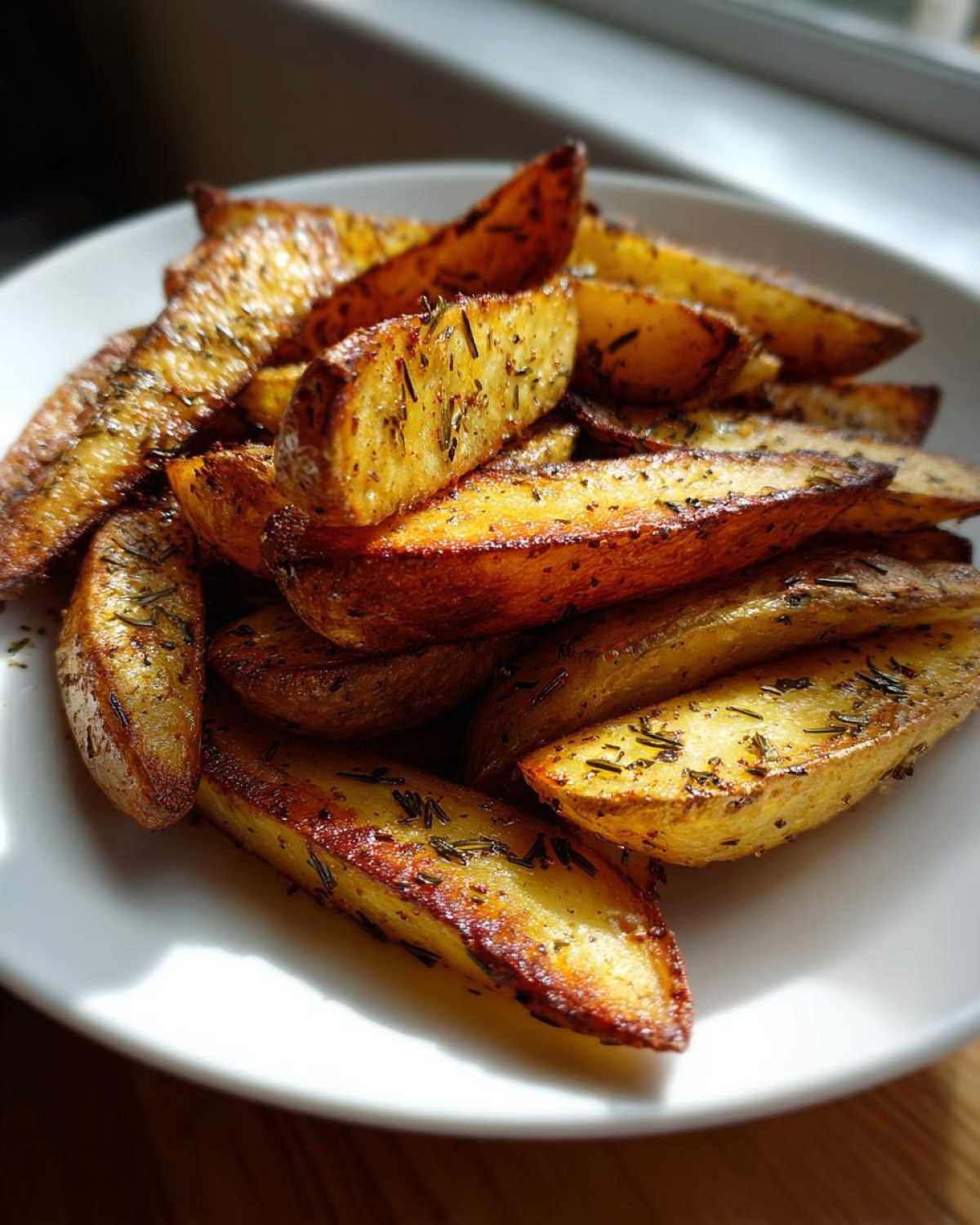 A close-up of golden brown, crispy Air Fryer Crispy Rosemary Potato Wedges piled high on a white plate.